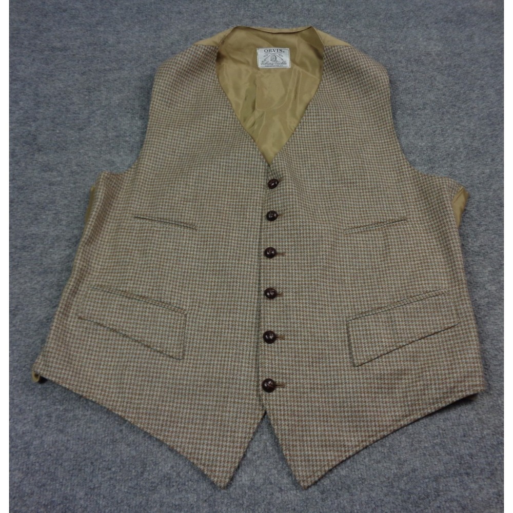 Vintage Orvis Wool Waistcoat Vest L Beige Houndstooth Tweed Made in England